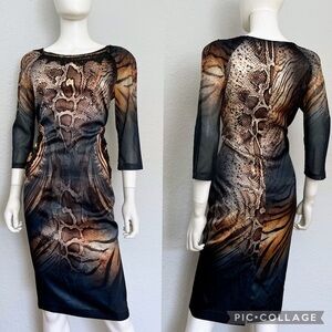 NWT WOMEN SATIN FORMAL DRESS ANIMAL PRINT 3/4RAGLAN SHEER SLEEVES CREW NECK NAVY